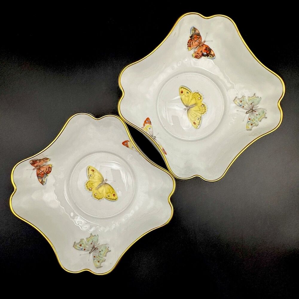 Antique L Bernardaud Limoges Butterfly Porcelain Bowls Pair Gold Gilt France